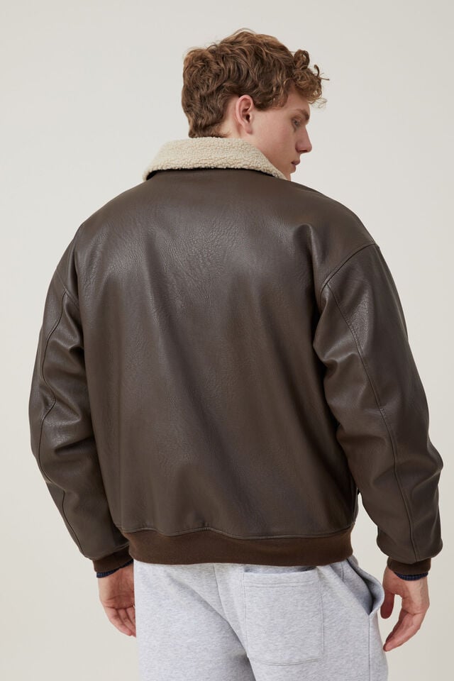 Faux Leather Flight Jacket, BROWN