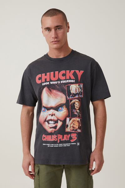 Premium Loose Fit Movie And Tv T-Shirt, LCN UNI WASHED BLACK/CHUCKY 3