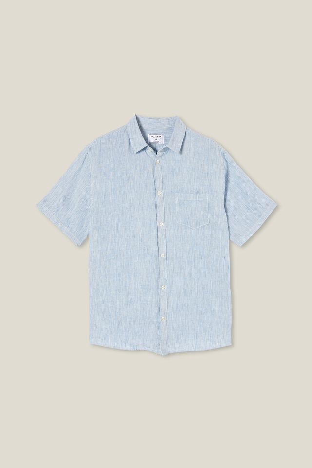 Linen Short Sleeve Shirt, MICRO BLUE STRIPE