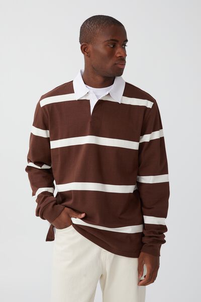 Rugby Long Sleeve Polo, CHOCOLATE WIDE STRIPE