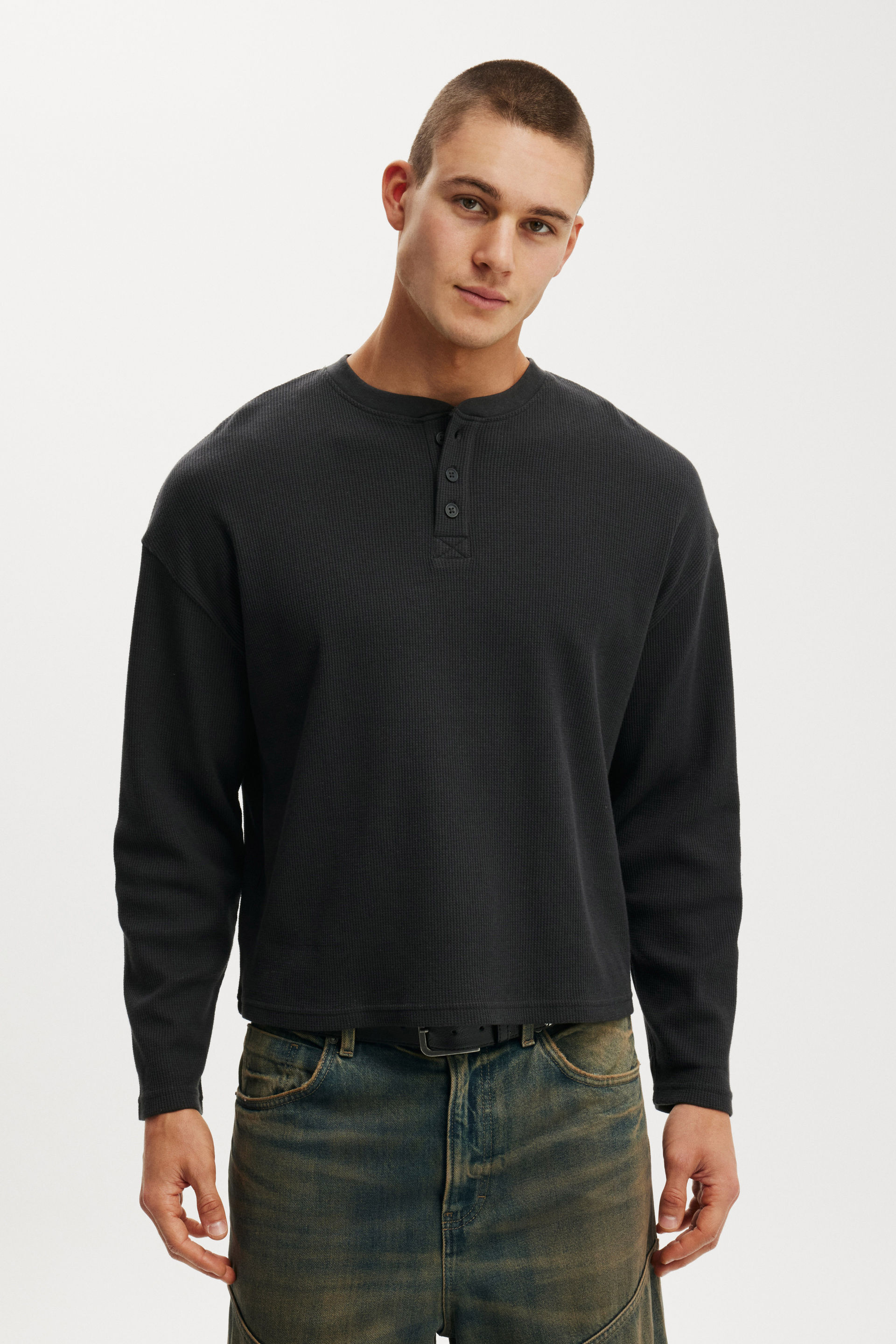 Cropped Fit Henley Long Sleeve