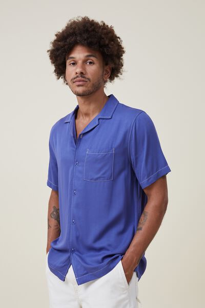 Riviera Short Sleeve Shirt, WORKER BLUE POP STITCH