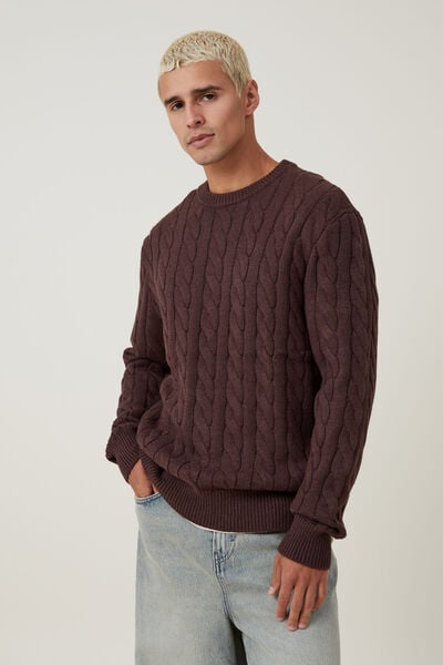 Cable Knit Crew, BROWN CABLE
