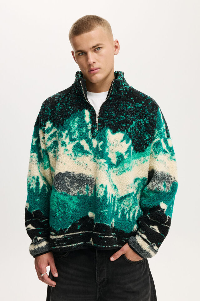Quarter Zip Teddy Fleece, GREEN MULTI MOUNTAINS