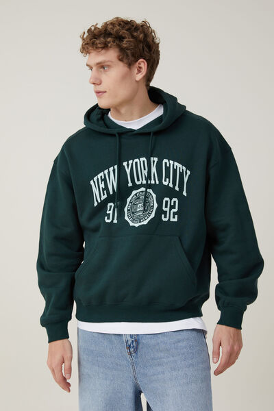 Box Fit College Hoodie, PINE NEEDLE GREEN / NYC WAX CREST