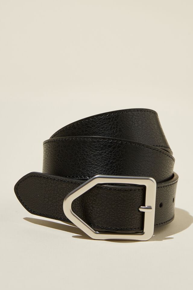 Leather Icon Buckle Belt, BLACK/SILVER