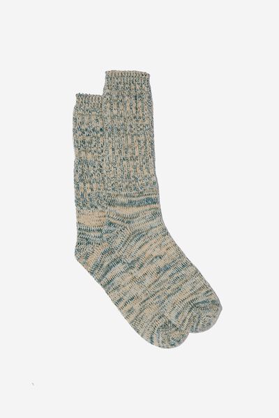 Chunky Knit Sock, TEAL/PEACH/ GREY
