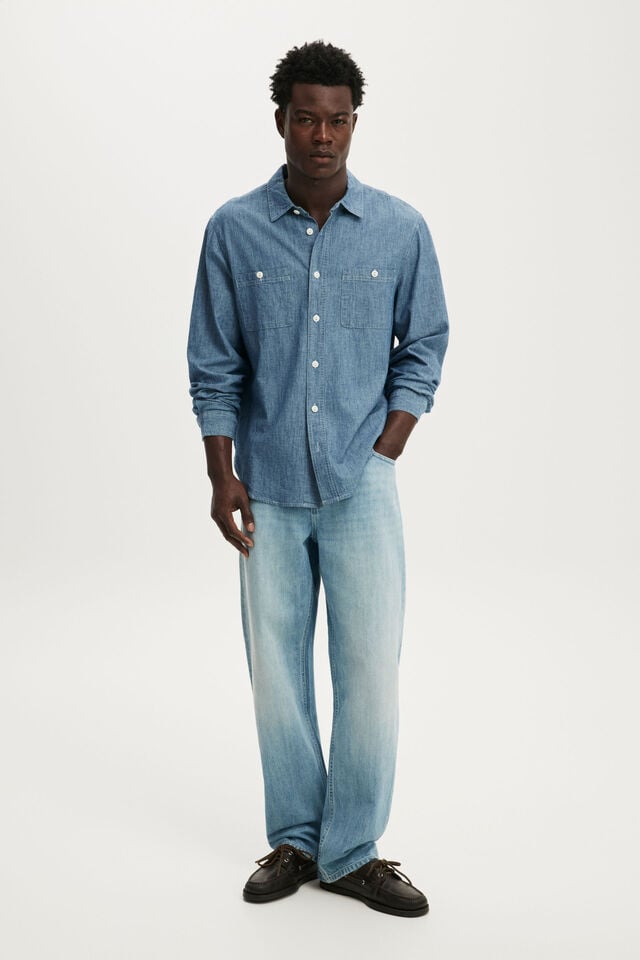 Denim Long Sleeve Worker Shirt, LIGHT BLUE CHAMBRAY