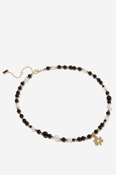 Premium Beaded Necklace Gold Plated, GOLD PLATED BLACK FLOWER