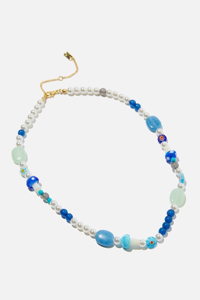 Premium Beaded Necklace Gold Plated, GOLD PLATED BLUE PEARL