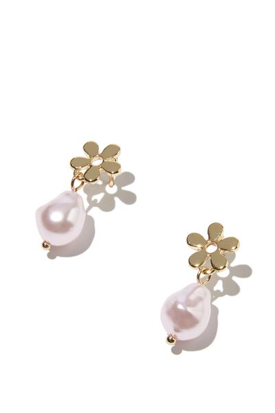 Premium Stud Earring Gold Plated, GOLD PLATED FLOWER PURPLE PEARL