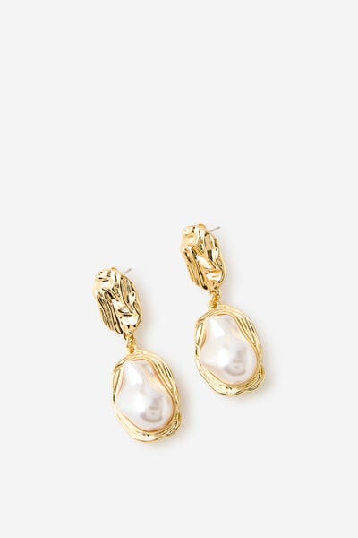 Large Charm Earring, GOLD PEARL BAROQUE DROP