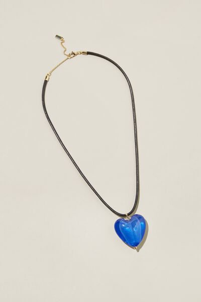 Cord Large Pendant Necklace, GOLD PLATED BLACK CORD BLUE GLASS HEART