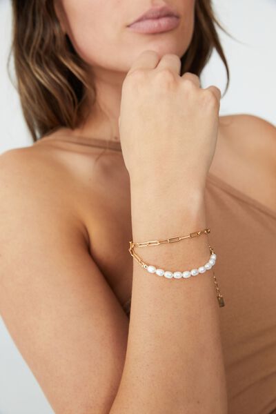 Premium 2Pk Bracelets Gold Plated, GOLD OPEN LINK PEARL