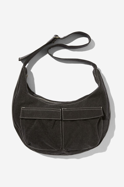 Bowie Crescent Cross Body Bag, WASHED BLACK DENIM/POCKETS