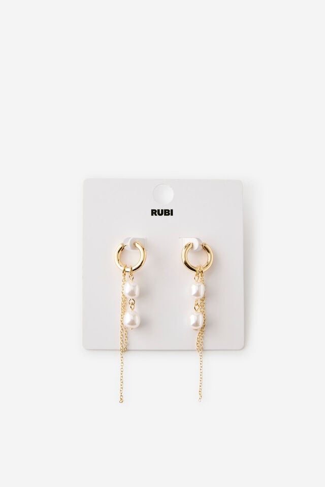Charm Hoop Earring, GOLD PEARL CHAIN DROP