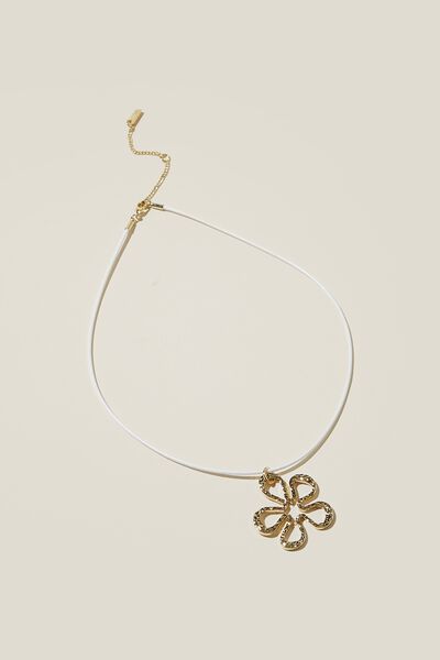Colar - Cord Pendant Necklace, GOLD PLATED FLOWER WHITE CORD