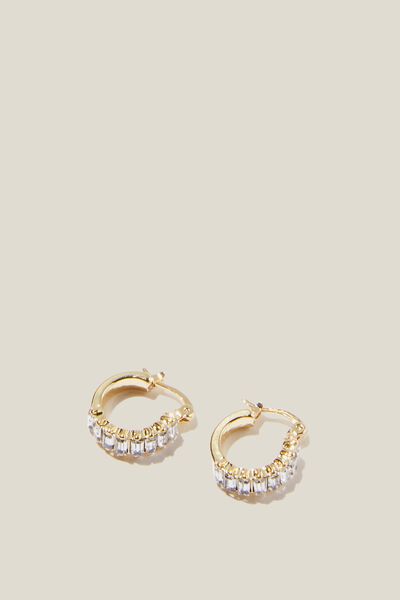 Small Hoop Earring, GOLD PLATED DIA BAGUETTE STONE