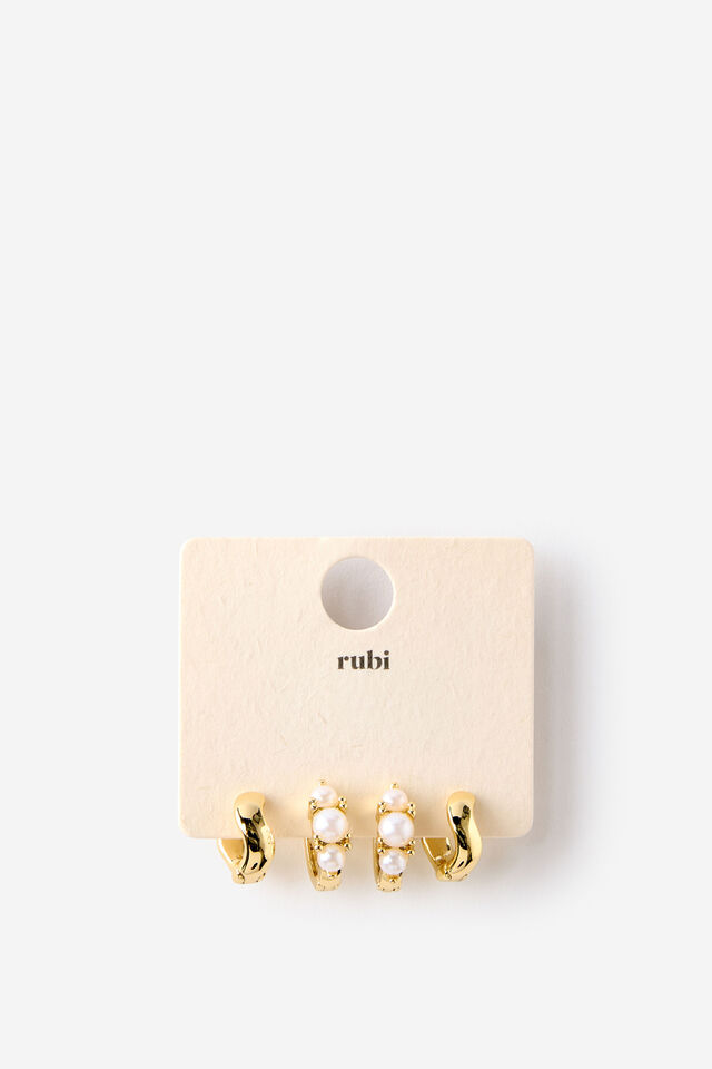 2Pk Mid Earring, UP GOLD PEARL WAVE HUGGIE HOOPS