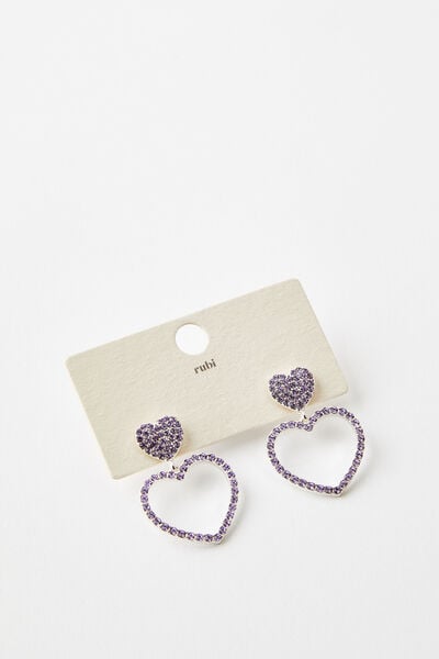 Mid Charm Earring, UP DOUBLE PURPLE HEARTS