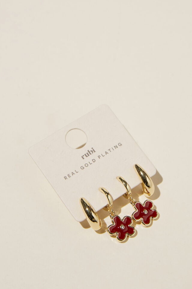 2Pk Mid Earring, GOLD PLATED RED RETRO FLOWER