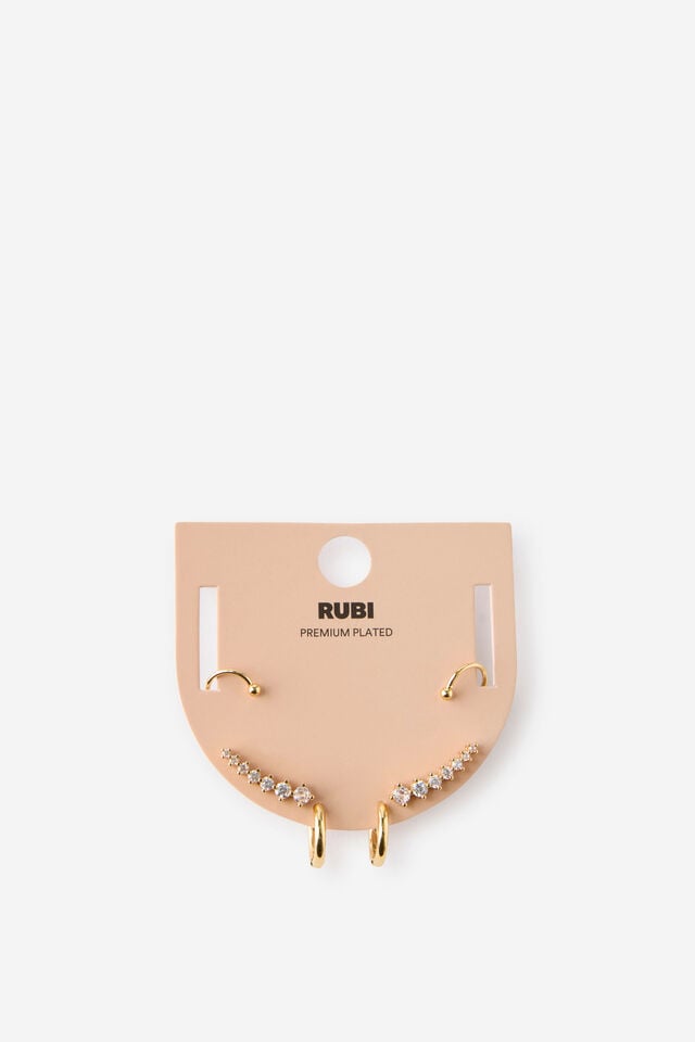 Premium Plated 3Pk Mid Earring, GOLD DIA CLIMBER HOOPS