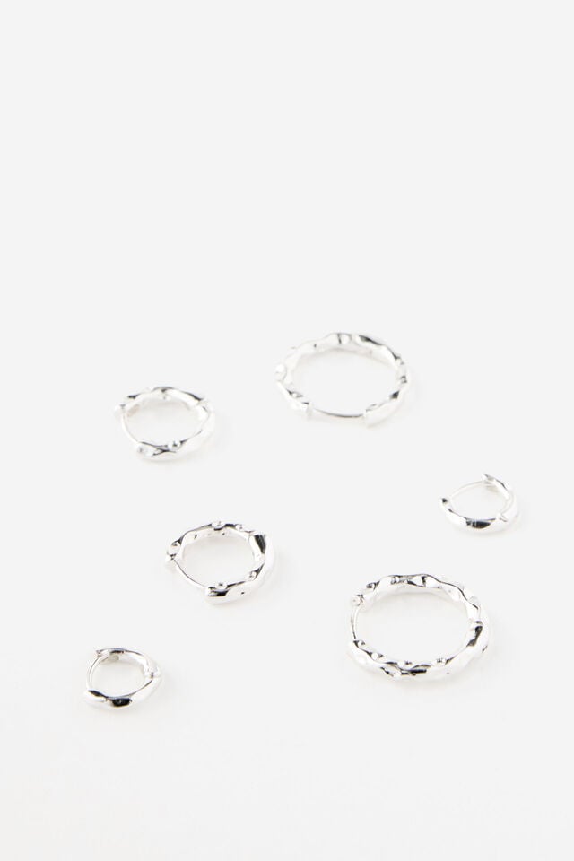 Premium Plated 3Pk Mid Earring, SILVER HAMMERED HOOP