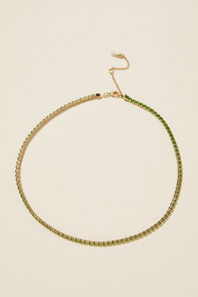 Mid Chain Necklace, GOLD PLATED TENNIS CHAIN GREEN