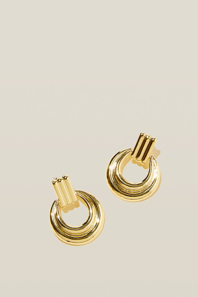 Mid Charm Earring, GOLD PLATED RIDGED CIRCLE DROP