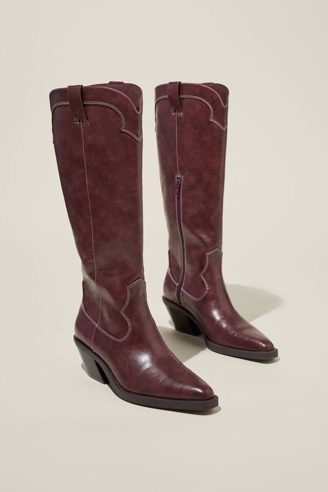 Dylan Western Calf Boot, BURGUNDY DISTRESSED