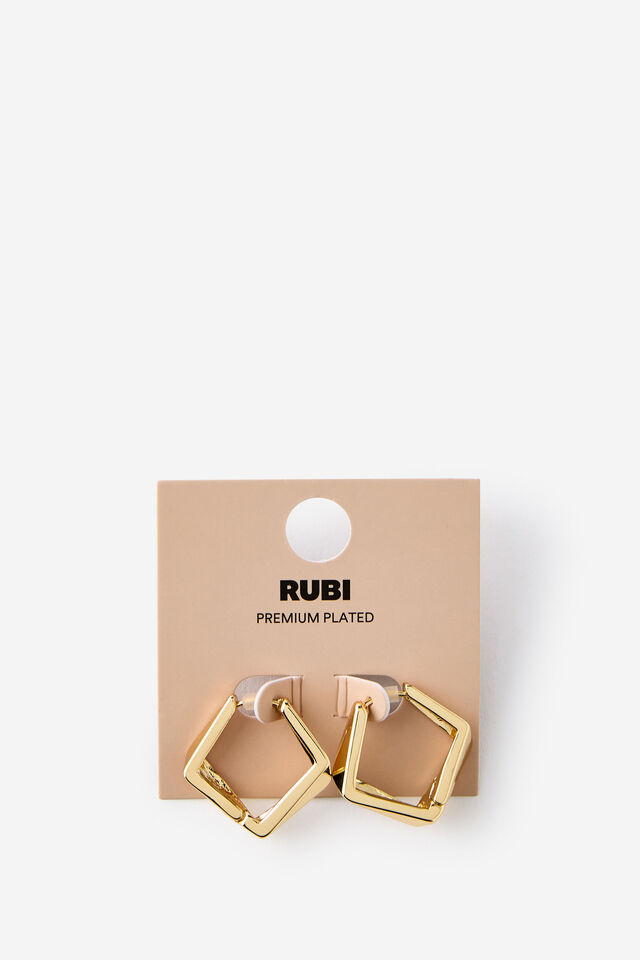 Premium Plated Mid Hoop Earring, GOLD GEOMTRIC SQUARE