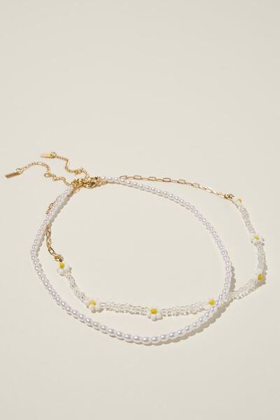 2Pk Beaded Necklace, GOLD PLATED OPEN LINK PEARL DAISY