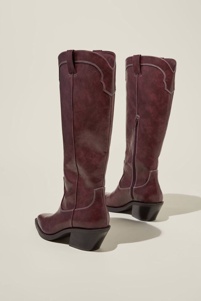 Dylan Western Calf Boot, BURGUNDY DISTRESSED