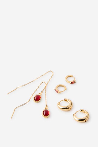 Premium Plated 3Pk Mid Earring, GOLD BURGUNDY DROP THREADER