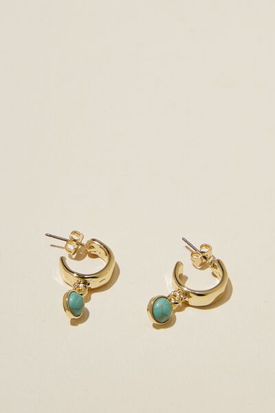 Mid Hoop Earring, GOLD PLATED TURQUOISE STONE DROP