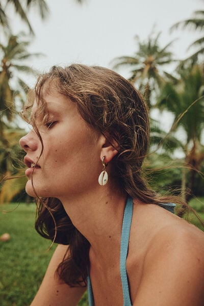 Huggie Hoop Earring, GOLD PLATED COWRIE SHELL