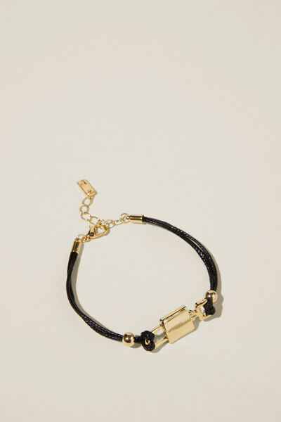 Single Bracelet, GOLD PLATED BLACK FAUX LEATHER LOCK