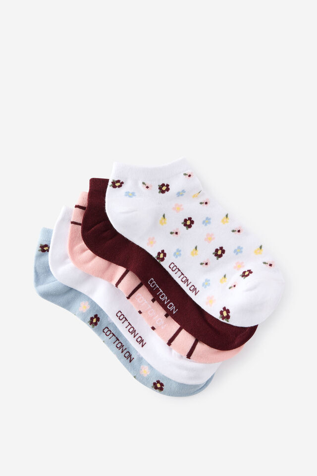 5Pk Ankle Sock, FLORAL/DEEP POMEGRANATE