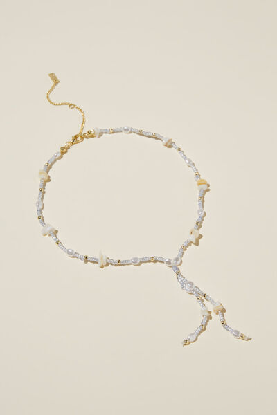 Beaded Necklace, GOLD PLATED BEADED LARIAT LIGHT BLUE