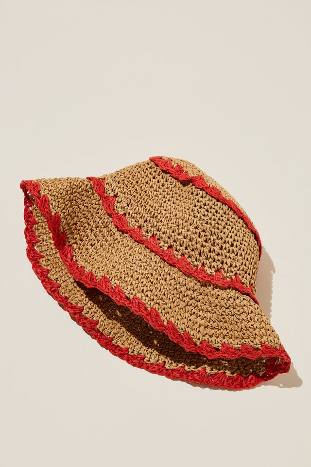 Emme Straw Bucket Hat, RED