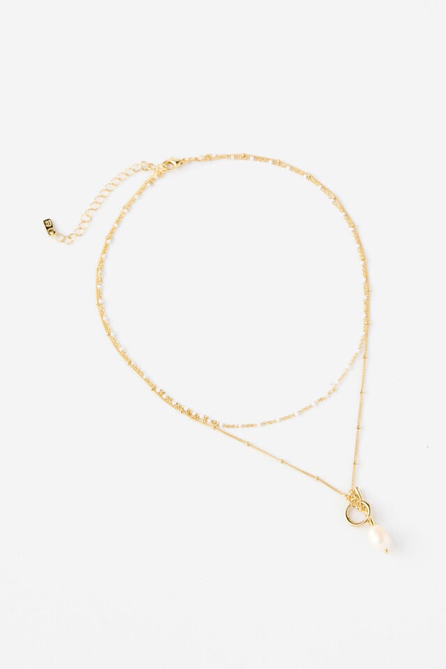 Premium Plated 2Pk Pendant Necklace, GOLD PEARL FOB