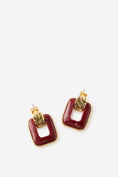 Mid Charm Earring, GOLD BURGUNDY SQUARE DOOR KNOCKER