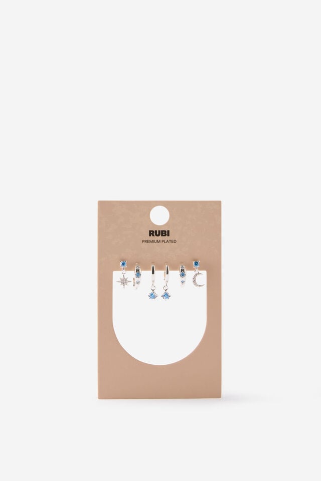 Premium Plated 3Pk Mid Earring, SILVER CELESTIAL BLUE DIA