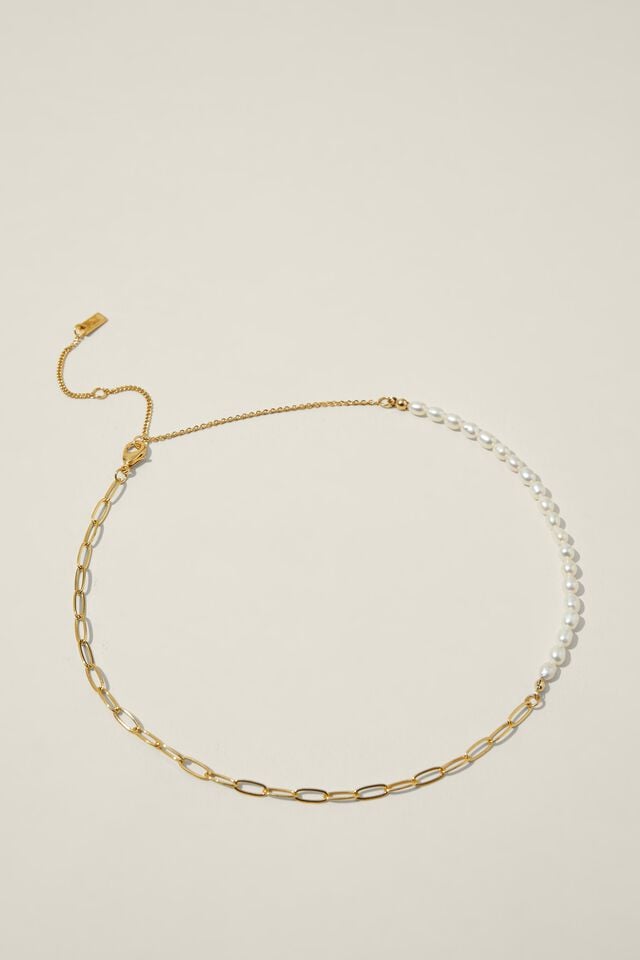 Mid Chain Necklace, GOLD PLATED OPEN LINK PEARL