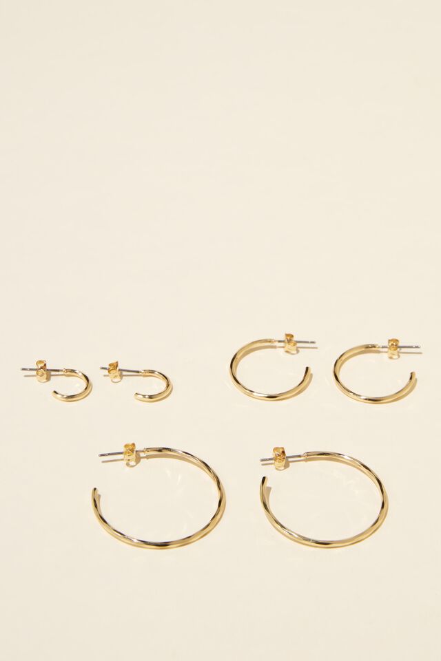 3Pk Mid Earring, GOLD PLATED HAMMERED METAL
