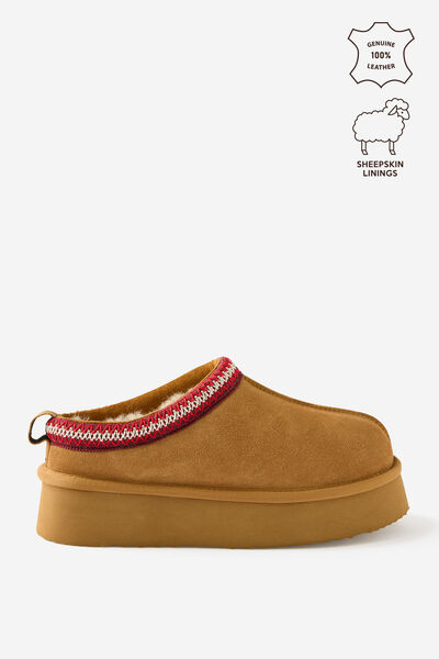 Genuine Suede & Wool Low Tape Platform Mule, CHESTNUT