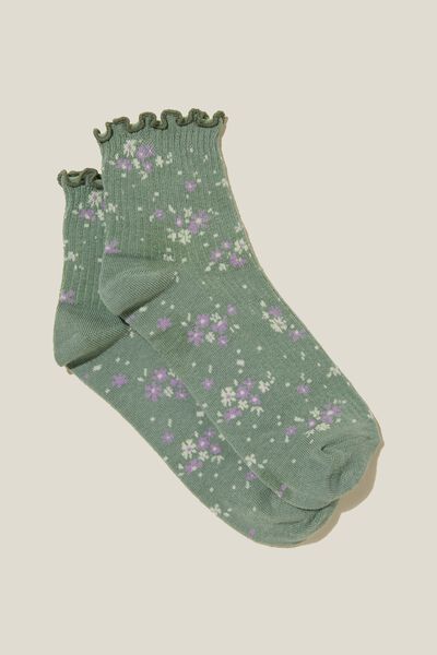 Frill Ribbed Ankle Sock, DAPHNE DITSY/TINTED SAGE