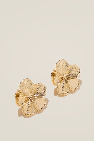 Mid Charm Earring, GOLD PLATED HIBISCUS STUD