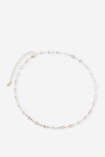 Premium Plated Mid Chain Necklace, SILVER MULTI OVAL CUBIC ZIRCONIA