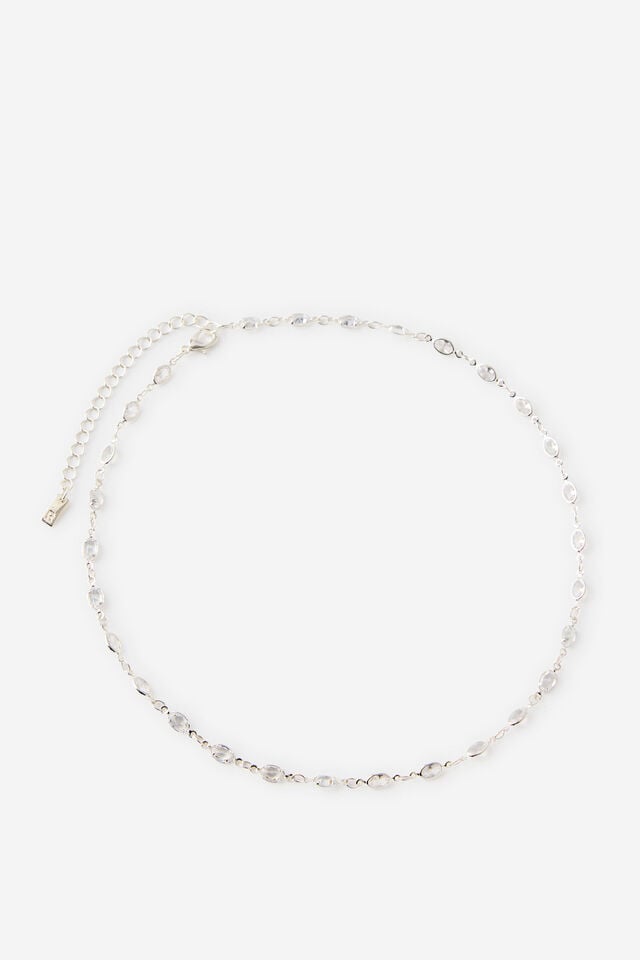 Premium Plated Mid Chain Necklace, SILVER MULTI OVAL CUBIC ZIRCONIA